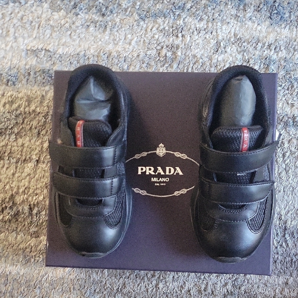 AUthenTiC Prada Black Leather Sneakers with Velcro Closure